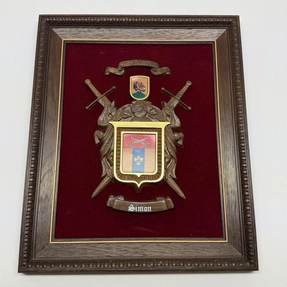 Vintage Simon Family Crest Coat of Arms Wooden Wall Plaque Heirloom Decor